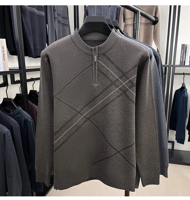 Men's New Thickened Turtleneck Knitwear Autumn Winter New Zipper Solid Color Sweater Middle Aged Warm Knit Top.