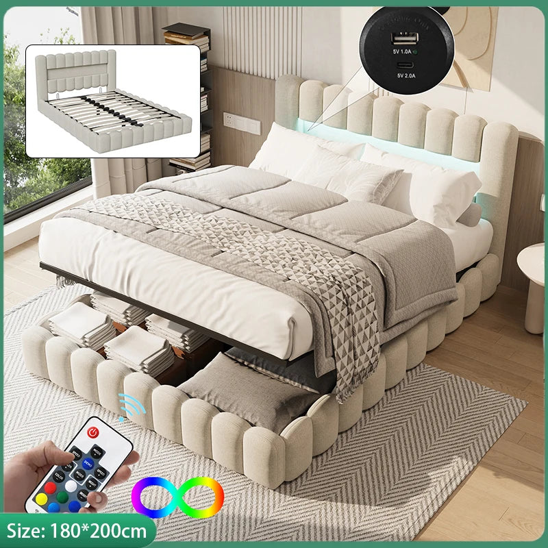 Anajqaqia Doppelbettgestell 180 x 200 cm, Beige, mit LED-Licht und USB- und Typ-C-Anschlüssen, Aufbewahrung von Gasdrucklift