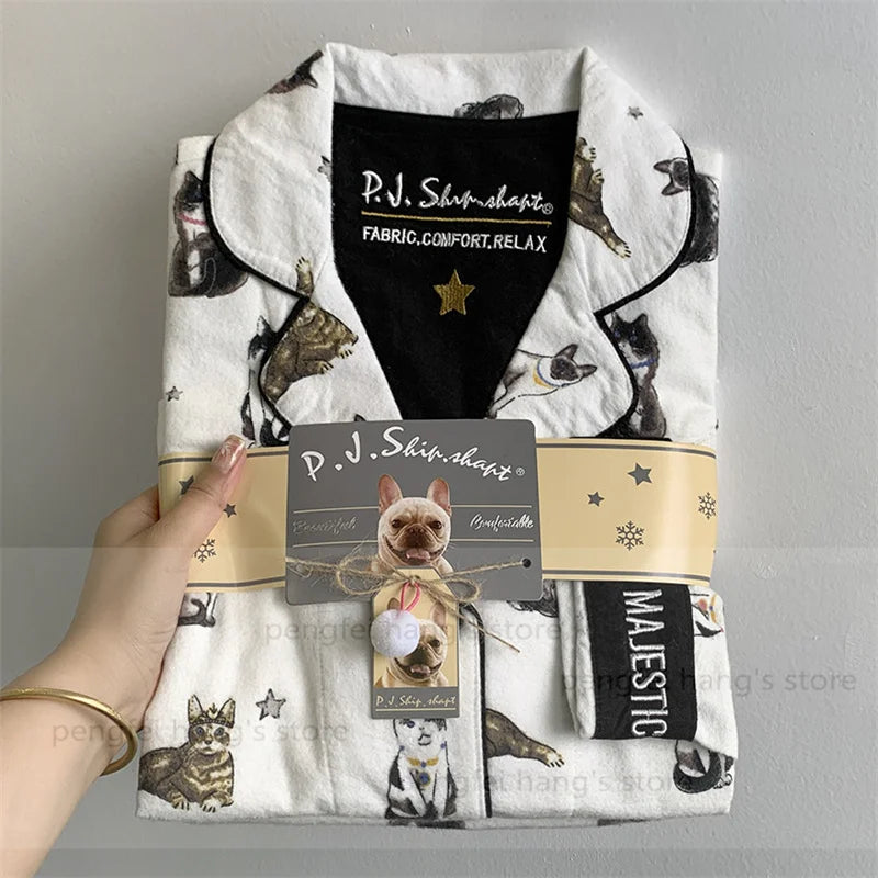 Black Cartoon Sleepwear Long Sleeve Top Pant Soft Cotton Pajamas Suit 2Pcs Embroider Letter Homewear Lady Autumn Loungewear.