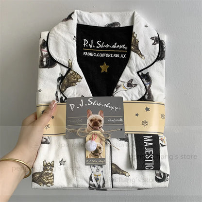 Black Cartoon Sleepwear Long Sleeve Top Pant Soft Cotton Pajamas Suit 2Pcs Embroider Letter Homewear Lady Autumn Loungewear.