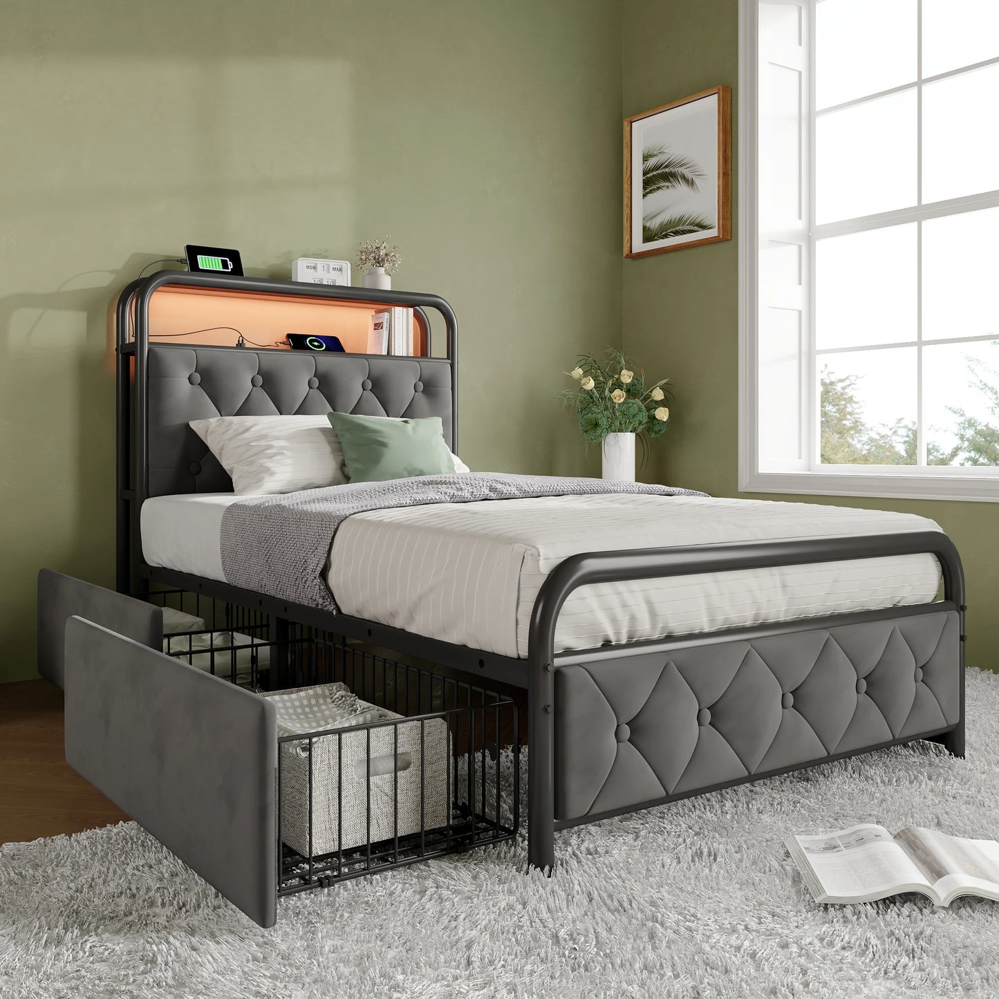 KOMHTOM Einzelbett 90x200 cm Samt - USB Type C Ladefunktion, APP-Control LED, 2 Schubladen, ohne Matratze