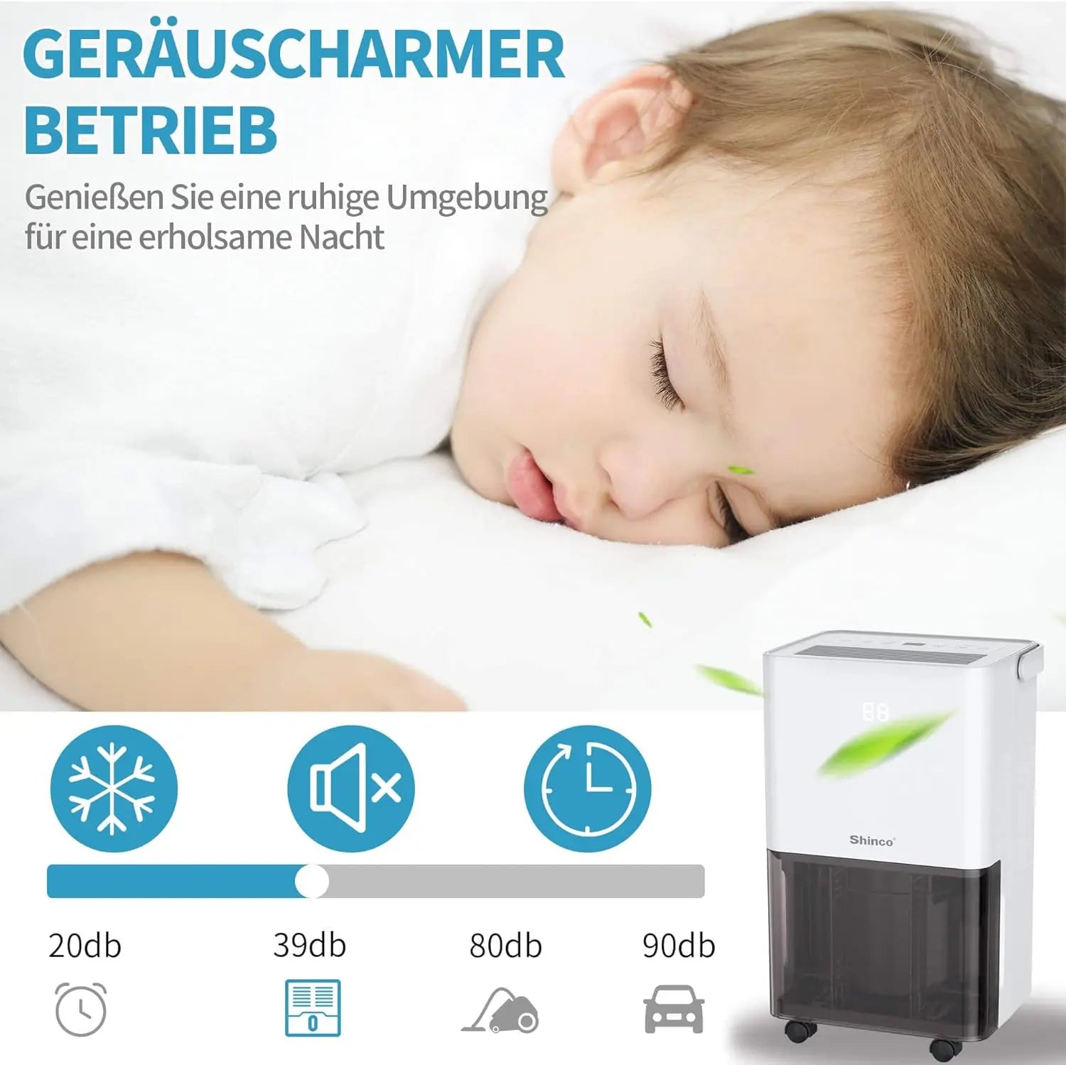 SHINCO Electric Dehumidifier, 10 L, Room Dehumidifier with Moisture Sensor, for 45 m³ (15 m²), Energy Saving, Drain Hose.