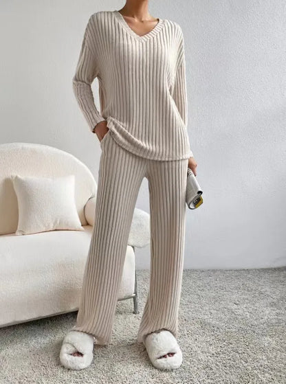 Autumn Winter Ribbed Knit Two Piece Set Womens V Neck Long Sleeve Top Wide Leg Pants Loungewear Casual Solid Color Outfit