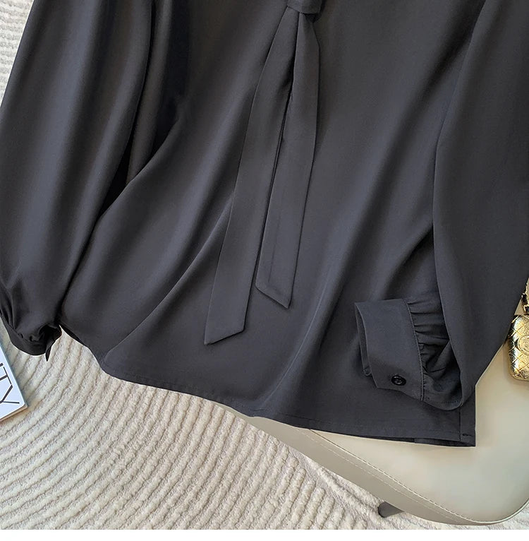 Loose Long Sleeve V-Neck Work Shirt for Women Plus Size Women's Blouses Fashion Versatile Autumn Bow Tops Trendy Business Shirts.