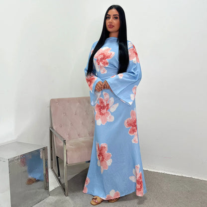 Arabesque Bell Sleeve Flowy Maxi Abaya Dress Elegant Floral Print Muslim Modest Long Dress Islamic Vacation Outfit Summer Robe.
