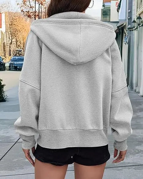 New Solid Color Zipper Splicing Hooded Coat, Women's Autumn Leisure Loose Sports Hooded Long Sleeve Coat Sweatshirt..