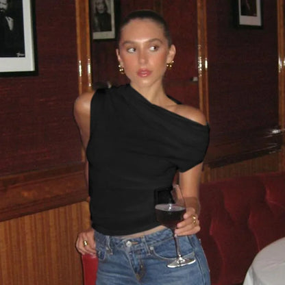 Talenza Sexy One Shoulder Tops Womens Summer Fashion Hot Girls Backless Pleated Slim T-Shirt Casual Office Lady Party Tops Women