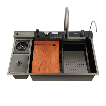 Edelstahl-Küchenspüle mit Abtropfkorb, ausziehbarer Wasserhahn, Schneidebrett, Tassenwascher, Digitalanzeige, 82 x 48 x 23 cm