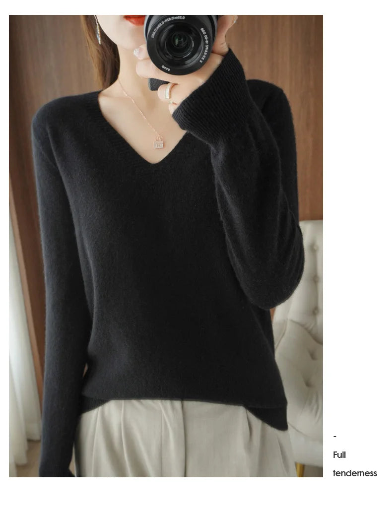 Neue Kaschmir frauen V-ausschnitt Pullover Spitze Neck Aushöhlen Design Beiläufige Gestrickte Lange Hülse frauen Pullover Herbst Und winter
