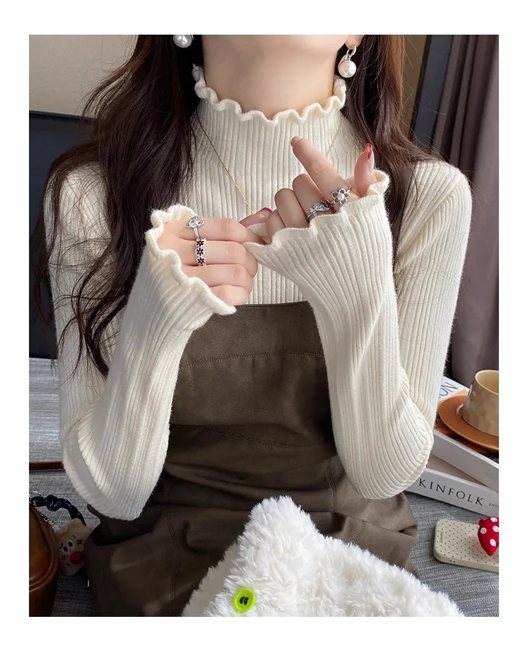 2025 Autumn Winter Women Half Turtleneck Fashion Wooden Ear Pullover Knitted Tops Long Sleeve O Neck Slim Warm Sweater Female.