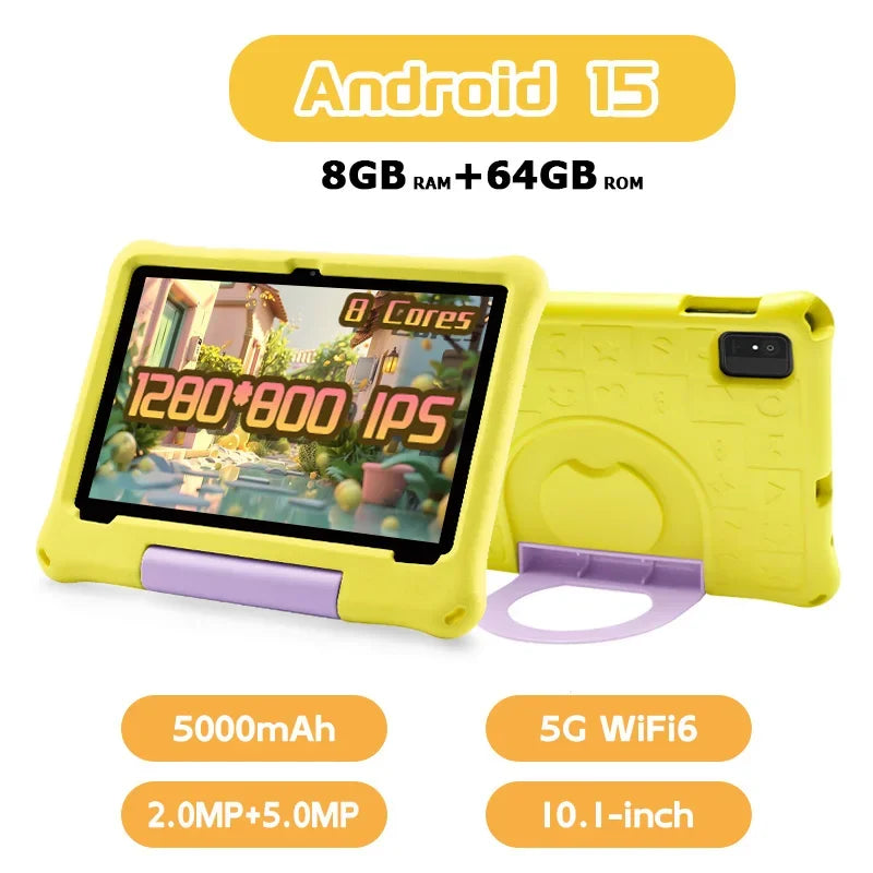 ANRY 10.1 inch Kids Android 15 Tablet 8GB (4+4GB) RAM 64GB ROM 5000Mah Octa-core 5G Wifi Children's Learning Educational Tablets.