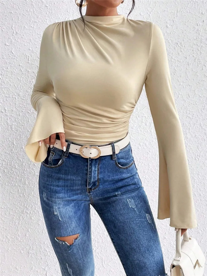 Fashion Pleated T-Shirt Women Solid Color Slim Shirt Autumn Flare Sleeve Stand Collar Pullover Tops Female Commuter Casual  Tees.