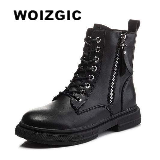 WOIZGIC Women's Ladies Genuine Leather Female Shoes Ankle Boots Platform Lace Up Warm Winter Autumn Fur Plush Motorcycle.