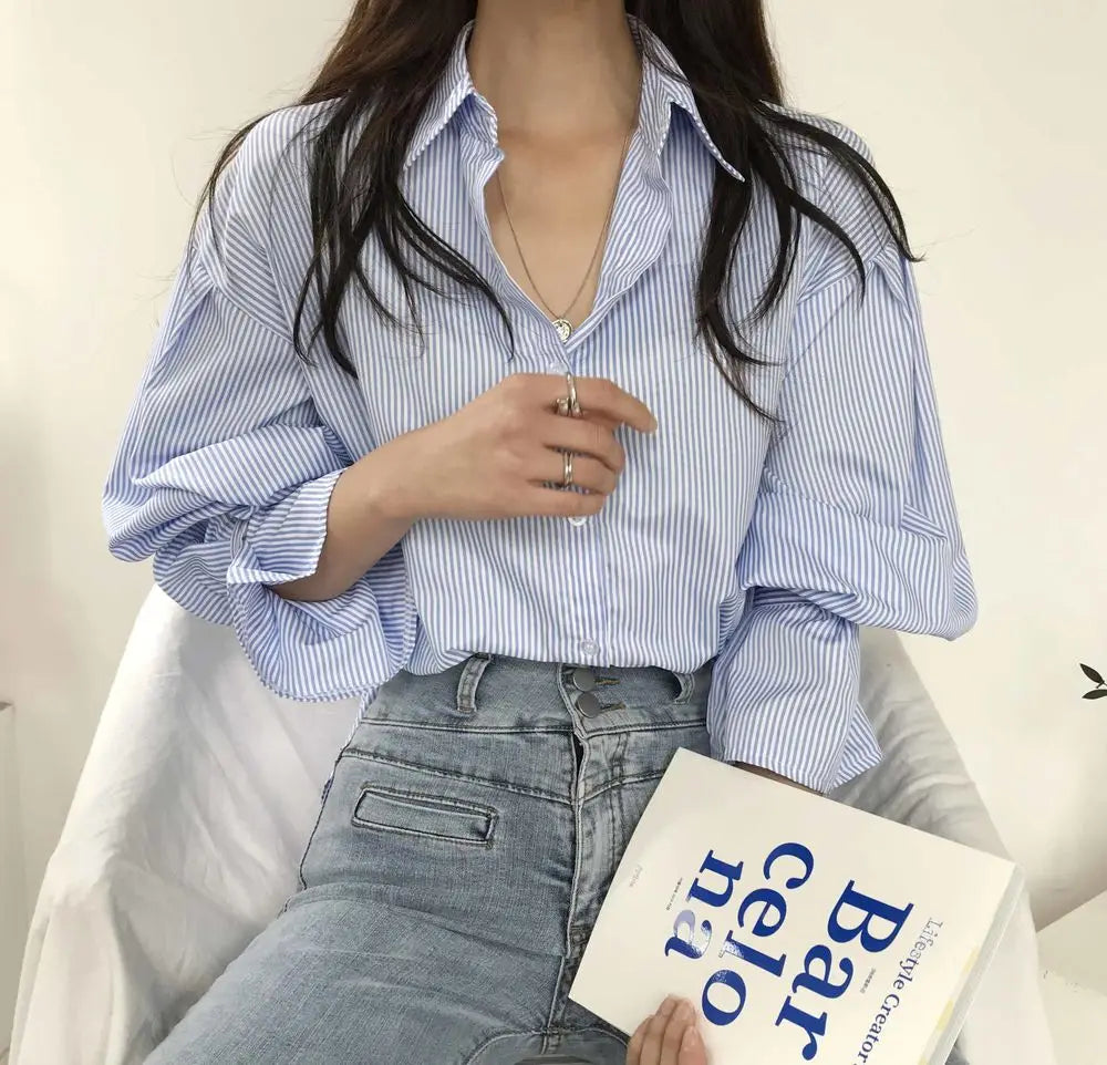 oose Stripe Women Shirts 2025 Fashion Lapel Collar Long Sleeve Shirt Elegant Classic Top.