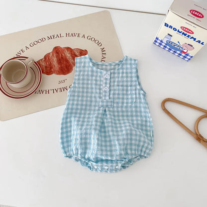 2024 Sommer Baby kleidung Plaid Kleinkind Jungen Mädchen Bodysuit ärmel los einteiliges Kleinkind Outfit