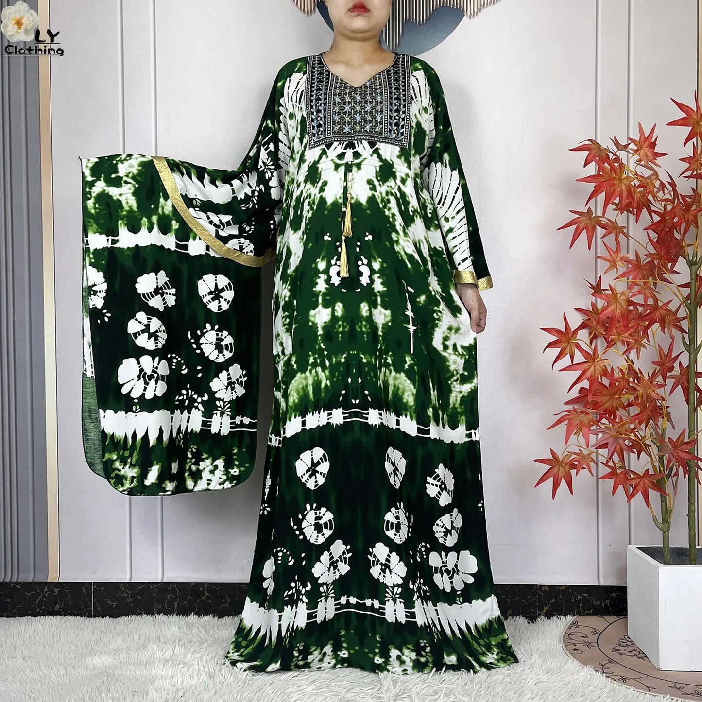 2025 New African Abaya For Women Dress Loose Batwing Sleeve Pockets High-quality Tie-dye Pure Cotton Fabric Women Islam Clothing