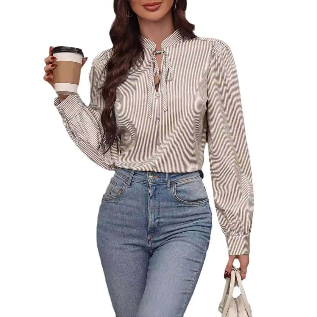 New Fashion Women's Color-coded Striped Casual Trendy Loose Single-breasted Pullover Long Sleeve Shirts Female Clothes T-shirts.