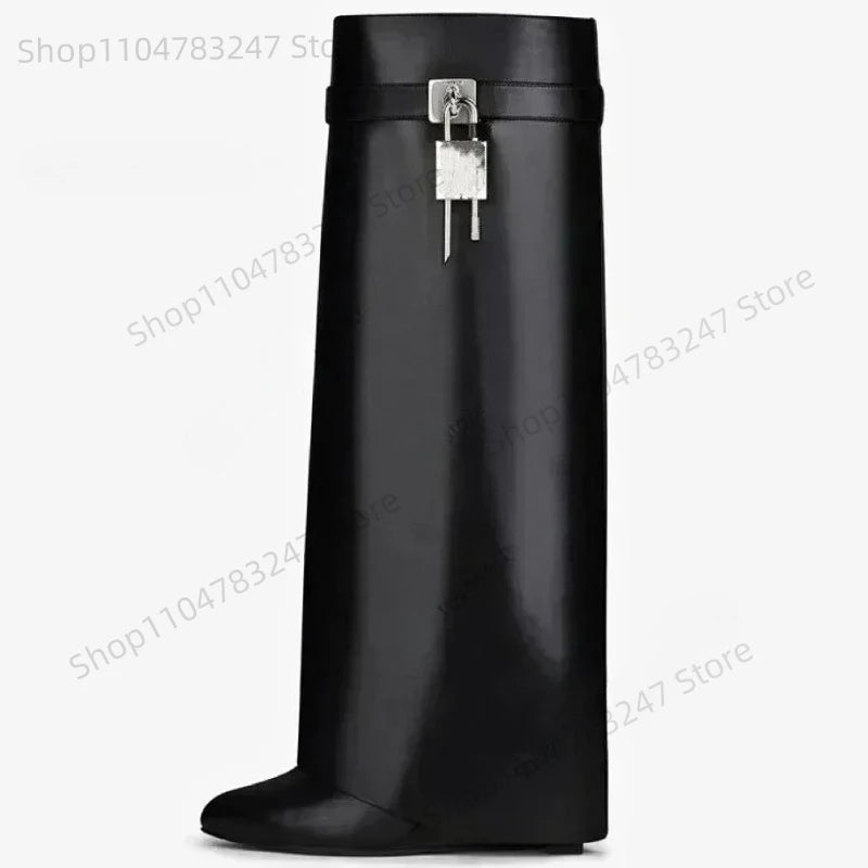 2025 Autumn Winter Lock Boots Women Designer Knee Boots Women Brand High Heel Knight Boots Fold Fashion Gothic Wedge Long Boot.