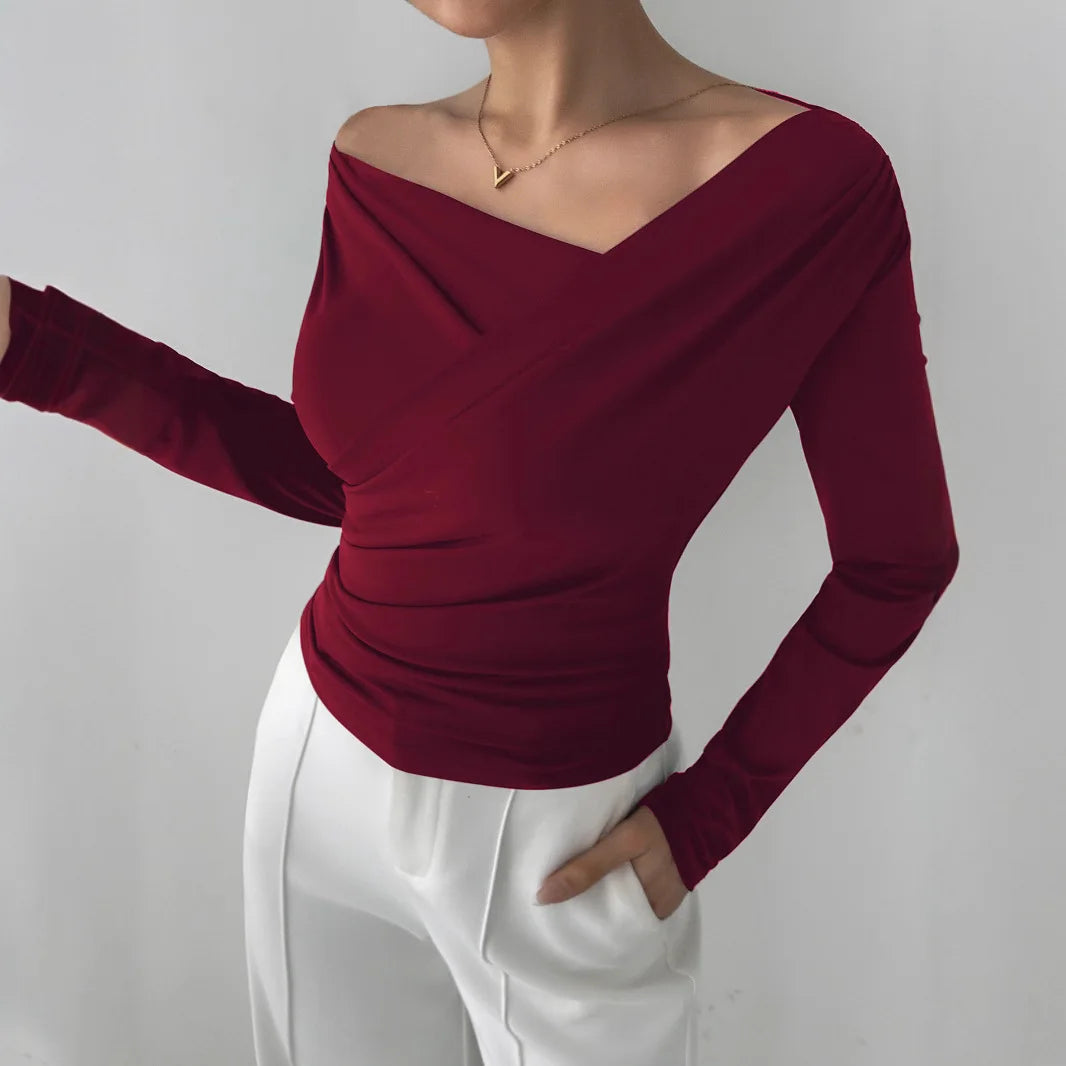 2025 Autumn Winter 2025 Solid-color Fashion Tops for Women Long Sleeve Blouses One-shoulder Collar Slimming Shirts Office Lady.