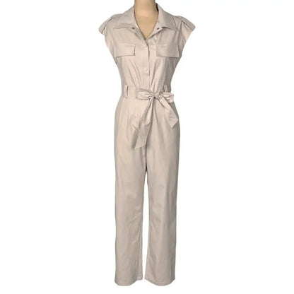 Elegant Women Jumpsuit Lapel Sleeveless Belt Design Romper with Pockets Solid Color Wide Leg Pants Versatile Jumpsuit.