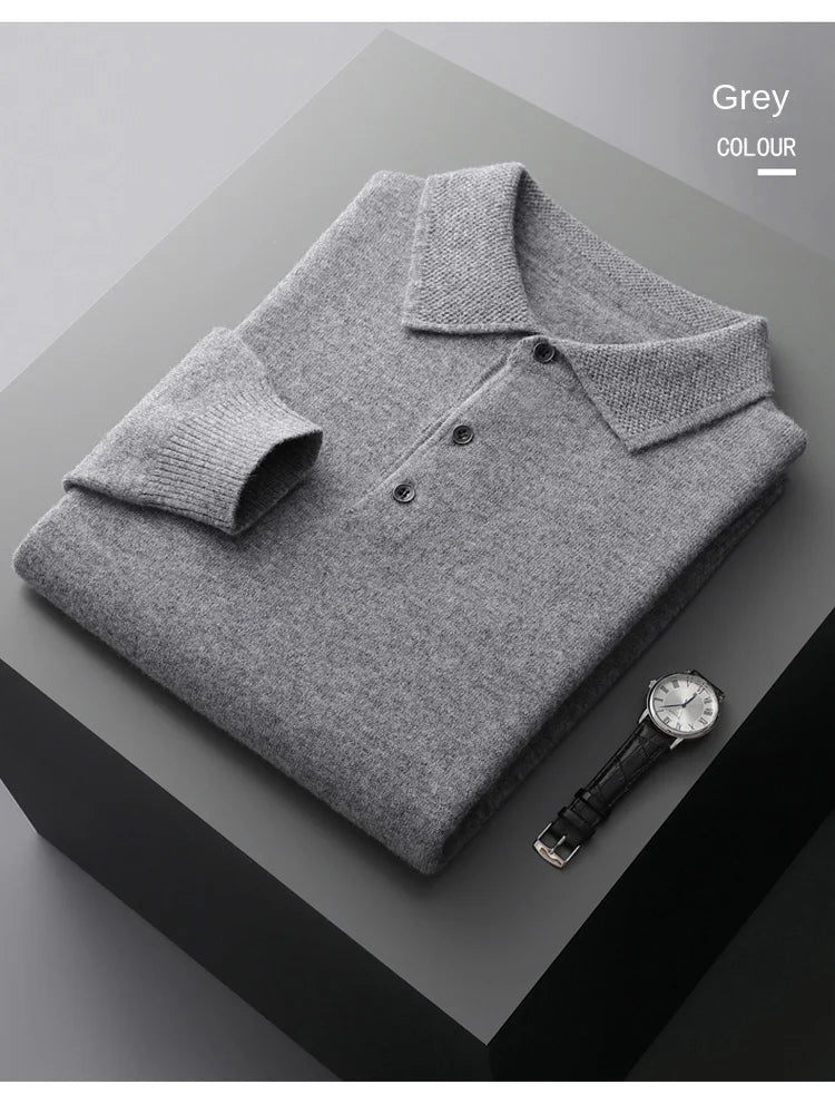 2025 Men's Autumn And Winter 100% Merino Pure Wool Knitted Sweater Men's Business Casual Knitted Polo Collar Pullover Top YJ1815.