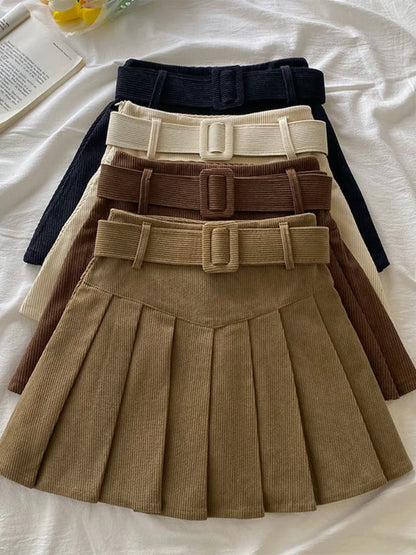 Pleated Mini Skirts Women Japan Students Corduroy Preppy Style Autumn Winter Basic Solid Bottoms Chic Vintage JK Slim All-match.