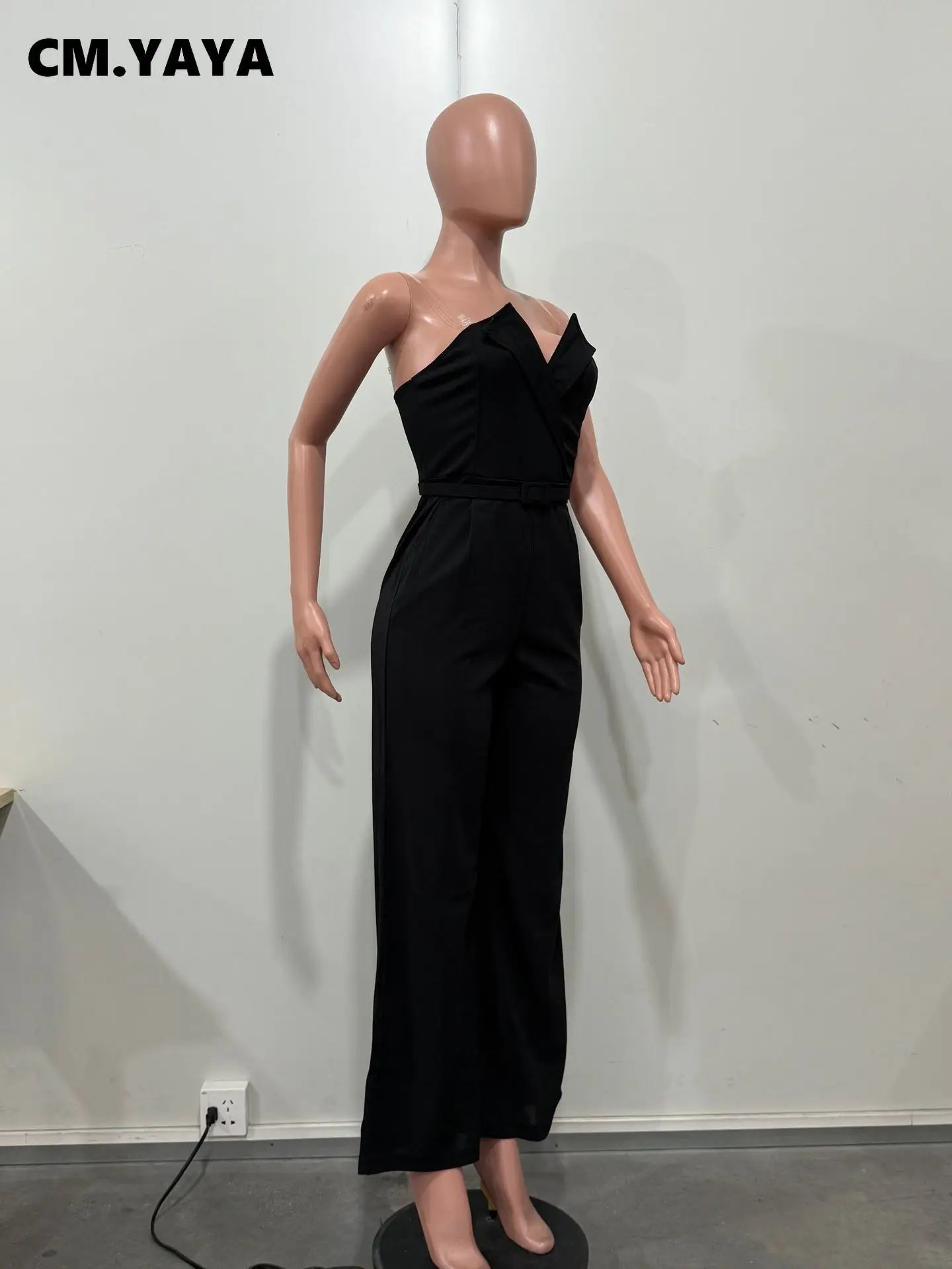 CM.YAYA Women Wide Leg Strapless V-neck Sleeveless Jumpsuits 2025 Summer OL Beach Night Club Party Street One Piece Suit Romper.