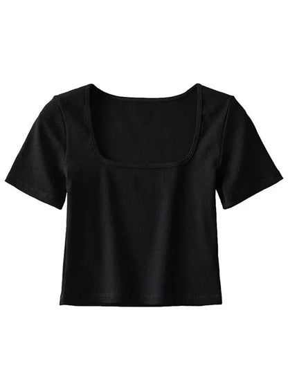 Frauen quadratischen Hals Rippe Ernte T-Shirt Kurzarm Crop Top