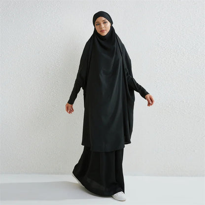 Muslim Sets Two Pieces Prayer Clothing Long Hooded Smocking Sleeve Shirts Hijab Loose Maxi Skirts Elastic Waist Women Abaya Sets.