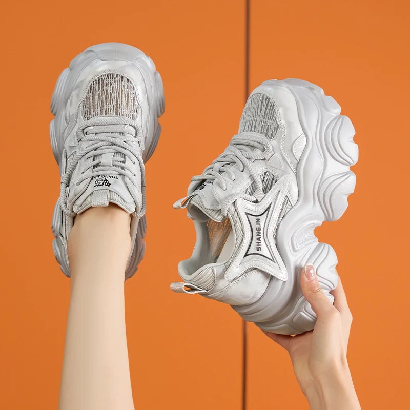 AUTUSPIN 10cm Pink Thick Soled Shoes for Summer Women Breathable Lace-up Ladies Sneakers Outdoor Casual Fashion Platform Shoes