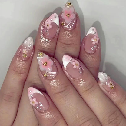 3D Flowers Gold Bead Lace White Daisy Bowknot Long Pointed Fake Nails Art Almond False Nails Press on Nails Charms Manicure Tool