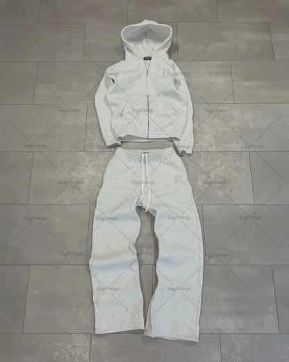 Europäischen und Amerikanischen Retro Männer Anzug Brief Gestickte Zipper Hoodie Frauen Modische Casual Lose Grau Gerade Hosen.