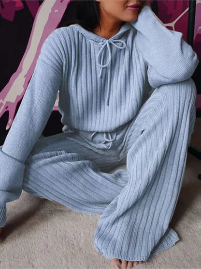 Autumn New Knitted Cotton Sliver Hooded Women's Long Pants Suit Casual Fashion Drawstring Lace Up Pants Female 2 Piece Set 2025.