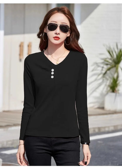 Wine red pure cotton long sleeved t-shirt for women's spring and autumn new style V-neck fashionable casual plus size loose top