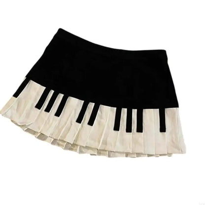 Y3NE Women Schoolgirl High Waist Pleated Flared Vintage Piano Print A Line Mini Skirt.