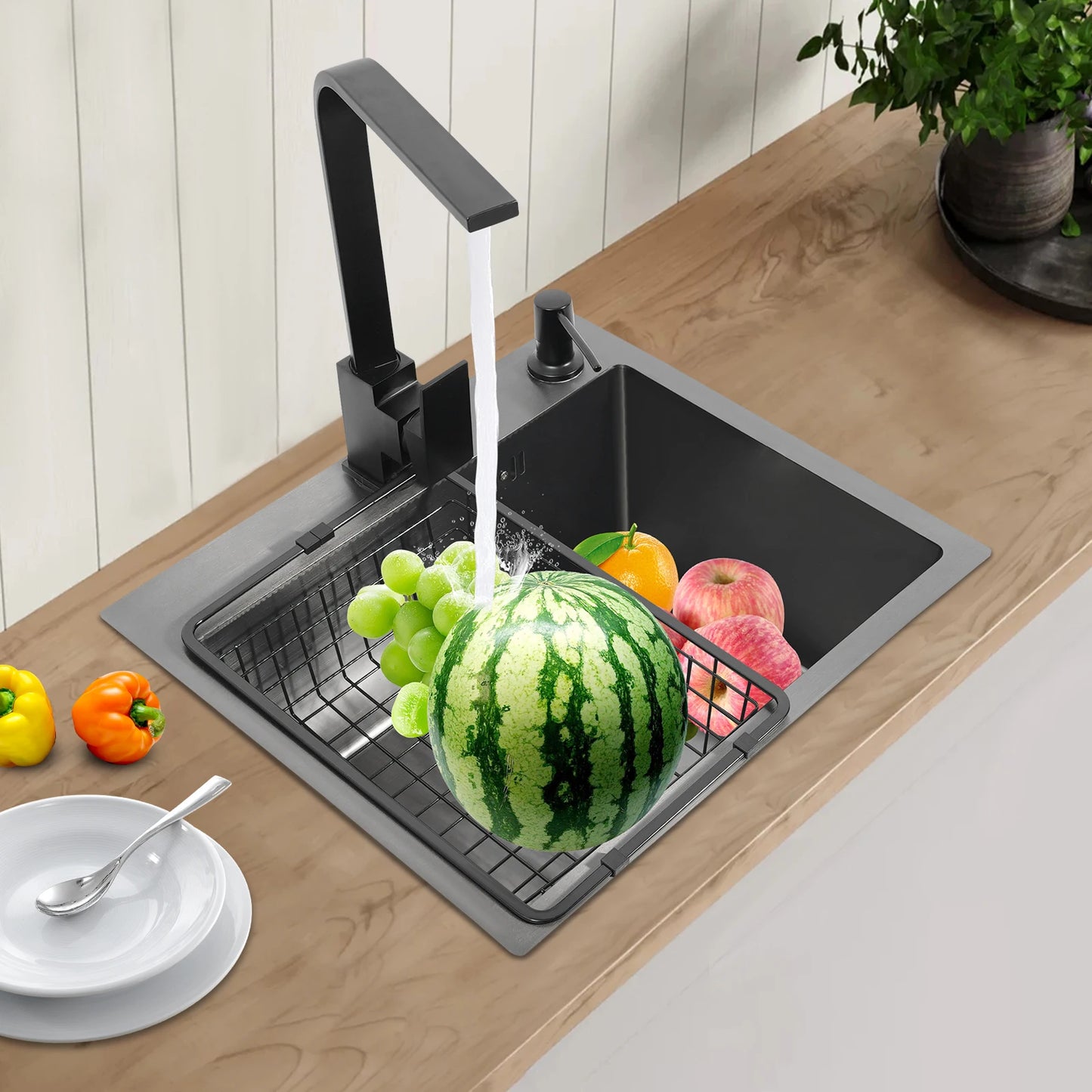 Schwarzes Küchenspülbecken-Set, Spüle aus Edelstahl 30 mit großem Fassungsvermögen und drehbarem Wasserhahn, Keramik-Ventilkern, geruchsfestes Spülbecken