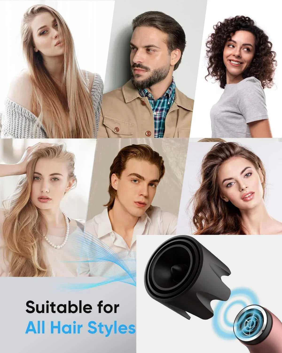 Hair dryer, 1400W high power, quick drying, lightweight body, low noise, comes with multiple types of air nozzles..