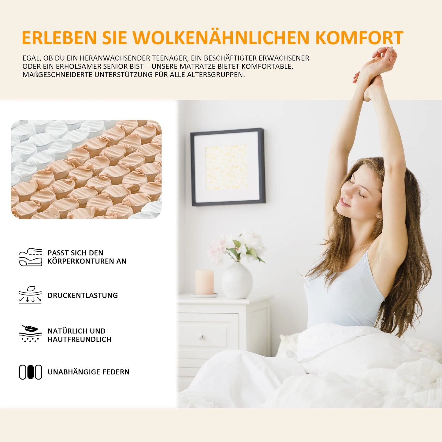Taschenfederkernmatratze 90×200×22 cm – 7-Zonen Matratze mit Komfortschaum und stabiler Unterstützung H4