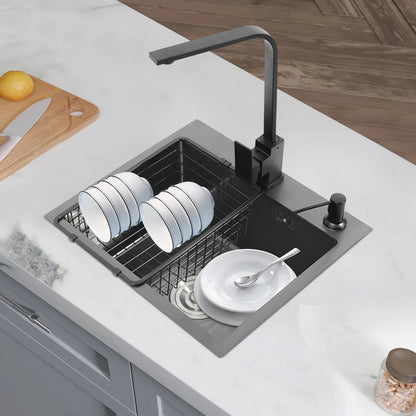 Einbauwaschbecken, Küchenspüle, Edelstahlspüle, mit Abfallset mit 360 °   Drehbarer Wasserhahn, Seifenspender und Abfallset