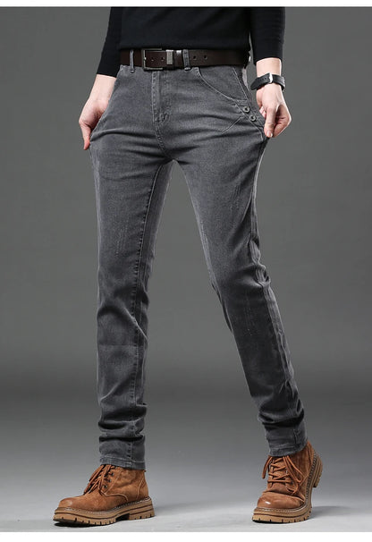 New Pure Gray Korean Slim Jeans Men's Stretch Tight Trendy Jean Trousers Branded Streetwear Comfortable Man Clothing Pants.