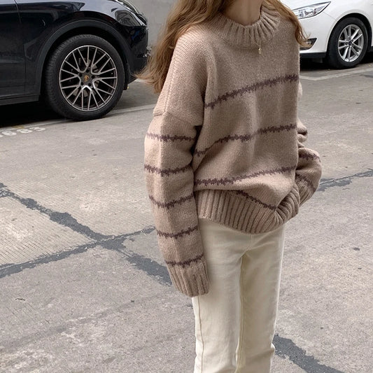 Retro Lose Pullover frauen Langarm Gestreiften Halb Stehkragen Stricken 2023 Herbst Winter Verdickt Warme Pullover