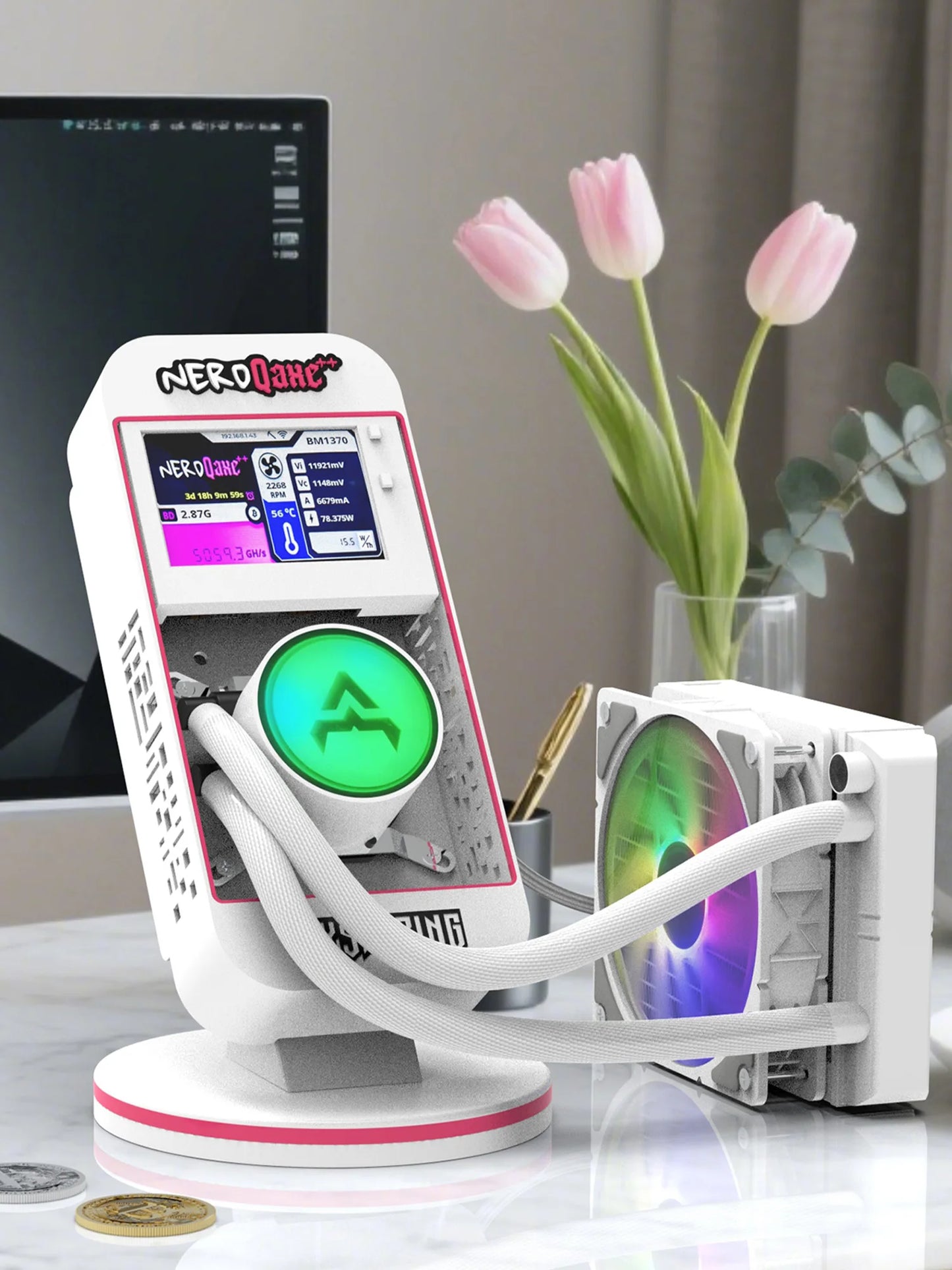 2025 New Bitaxe NerdQaxe++Water Cooling 4.8th/s Computing Power Bitcoin Miner White.