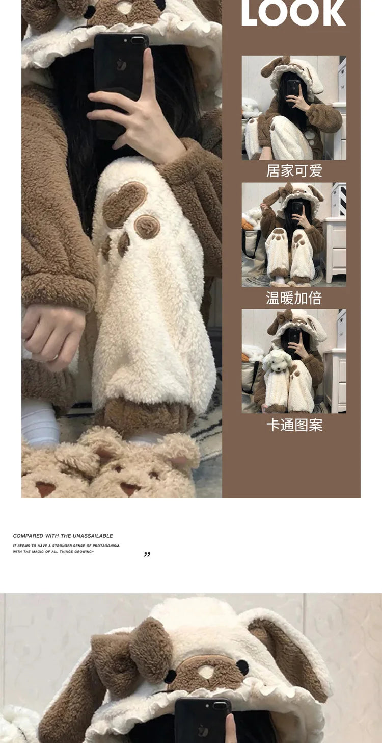 Cute Little Bear Pajamas for Women Thick Warm Fleece Home Wear Set Autumn Nightgown Girls 2025 New Winter Nightclothes 2Pcs.