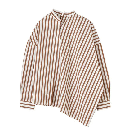LUXURY Women's Vertical Striped Shirt, Short Front and Back, Short, Vertical Striped Shirt, Loose Long Sleeve, Commuter Style