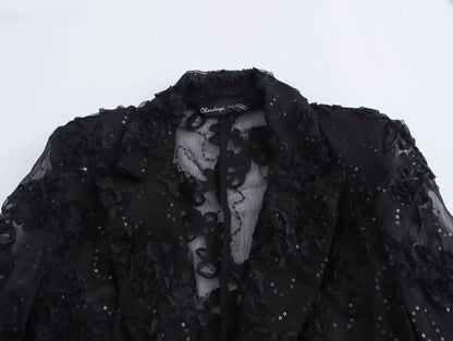 MUJER Sequin Pants Sets for Women 2 Pieces Flower Women's Pants Blazer Suits 2 Pieces Sets Women Outfit Semi Sheer Trousers Sets.