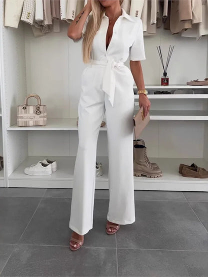 New Spring Summer Women Jumpsuits, Elegant Office Lady Jumpsuit Solid Color Belt Short Sleeve Casual Overalls Wide Leg Pants.