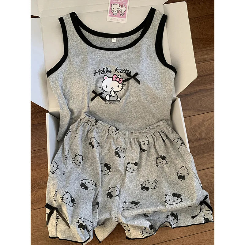 Hello Kitty Pyjama-Set für Damen, niedliche Nachtwäsche, Cartoon, ärmellos, Tank-Top, Shorts, Zuhause, Sommer, gemütliche Loungewear, Geschenk für Mädchen, Sanrio.
