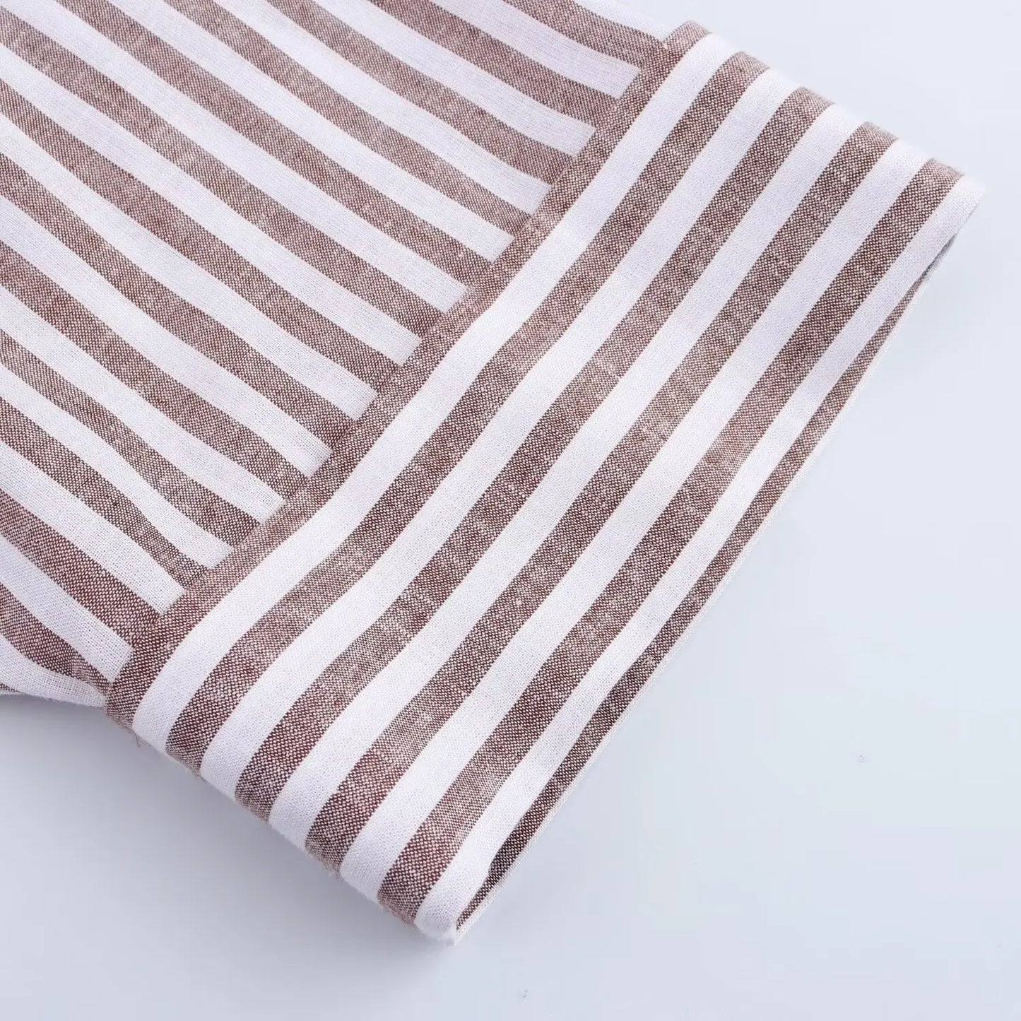 Summer Women's Curled Wide Sleeves Linen Blended Striped Asymmetric Casual Shirt Versatile Collar Linen Blended Printed Shirt.