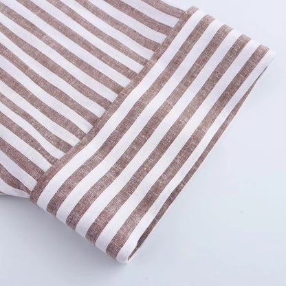 Summer Women's Curled Wide Sleeves Linen Blended Striped Asymmetric Casual Shirt Versatile Collar Linen Blended Printed Shirt.