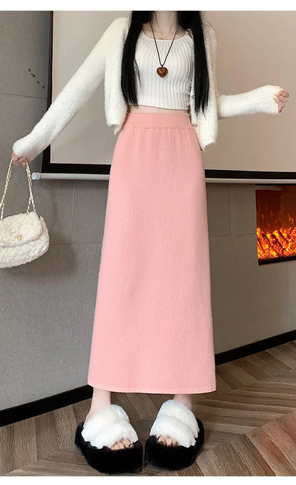 2025 New Thick Knit Midi Skirt High Waisted Straight Hem Bodycon Pencil Skirts for Petite Women Cozy Fall Winter Fashion